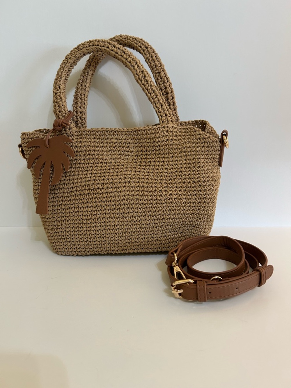 Haute Hippie Woven Tan Straw Tote Crossbody Bag Summer Beachy Vibe
